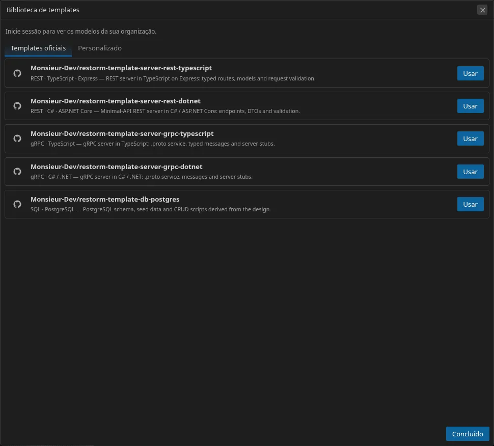 A biblioteca de modelos: os modelos oficiais, recentemente usados e personalizados