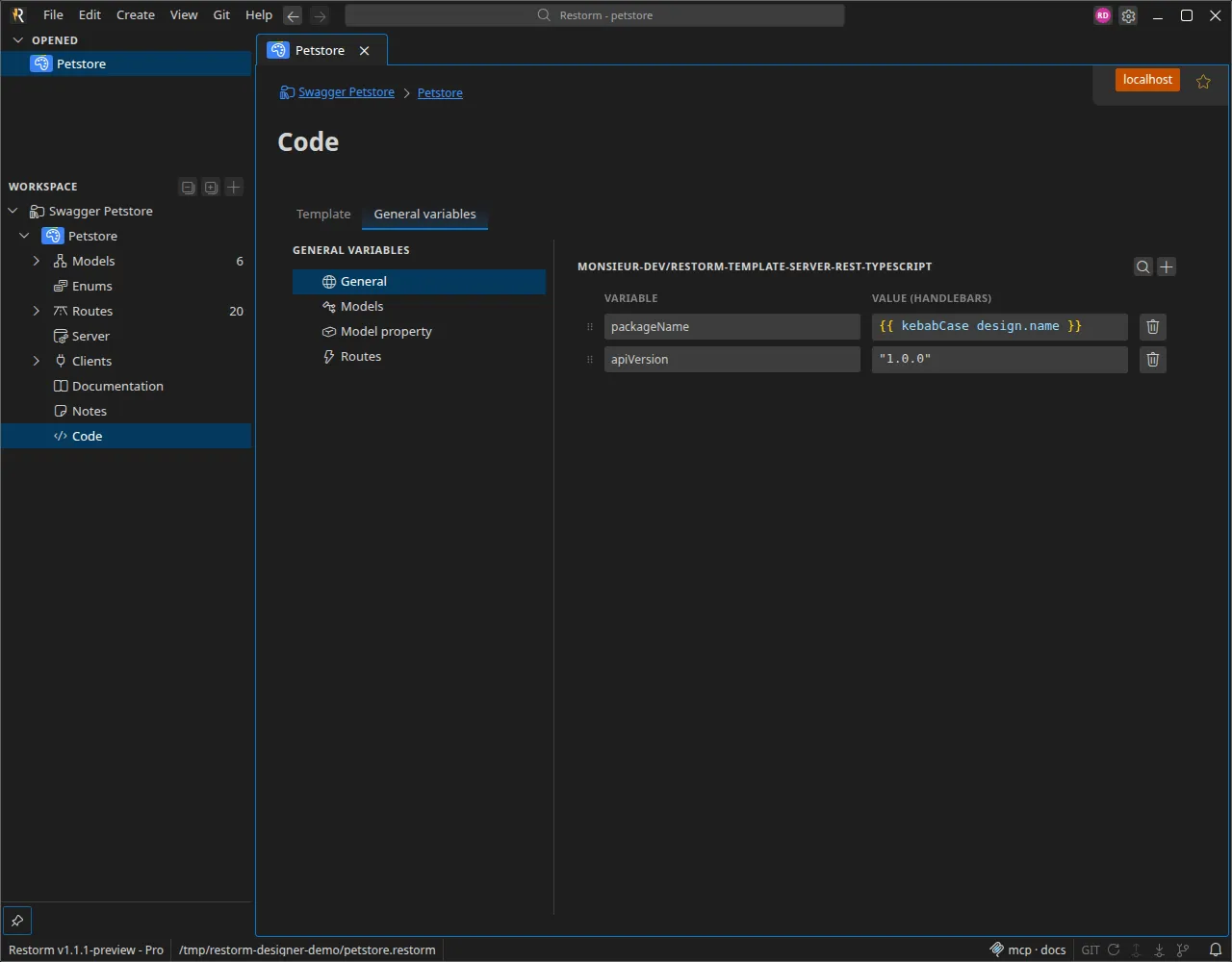 The generation-variables editor: the variables declared by a template and their value in Handlebars, by scope