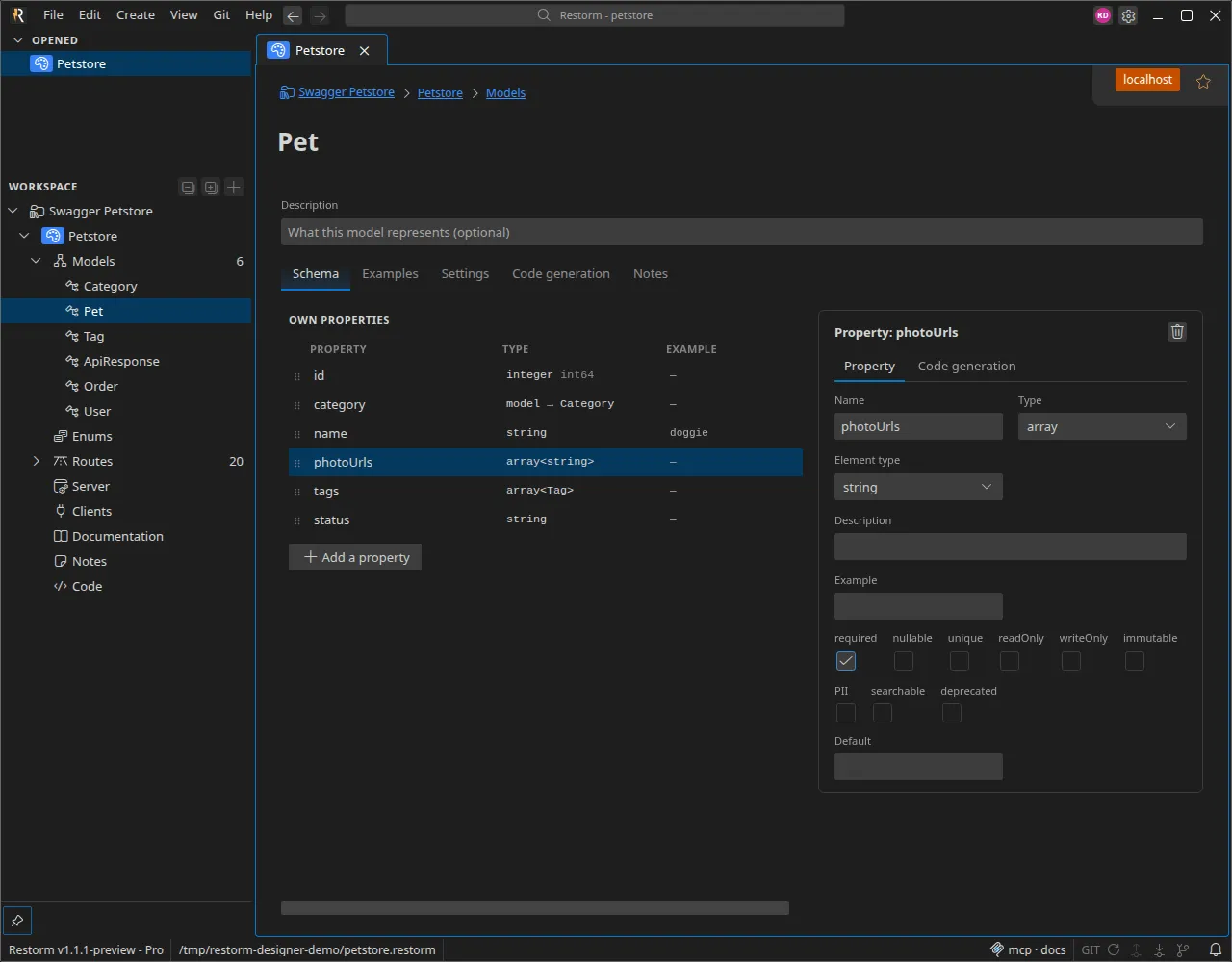 Overview of the API designer: the sidebar lists the models, enums, routes, the server, the clients and the code