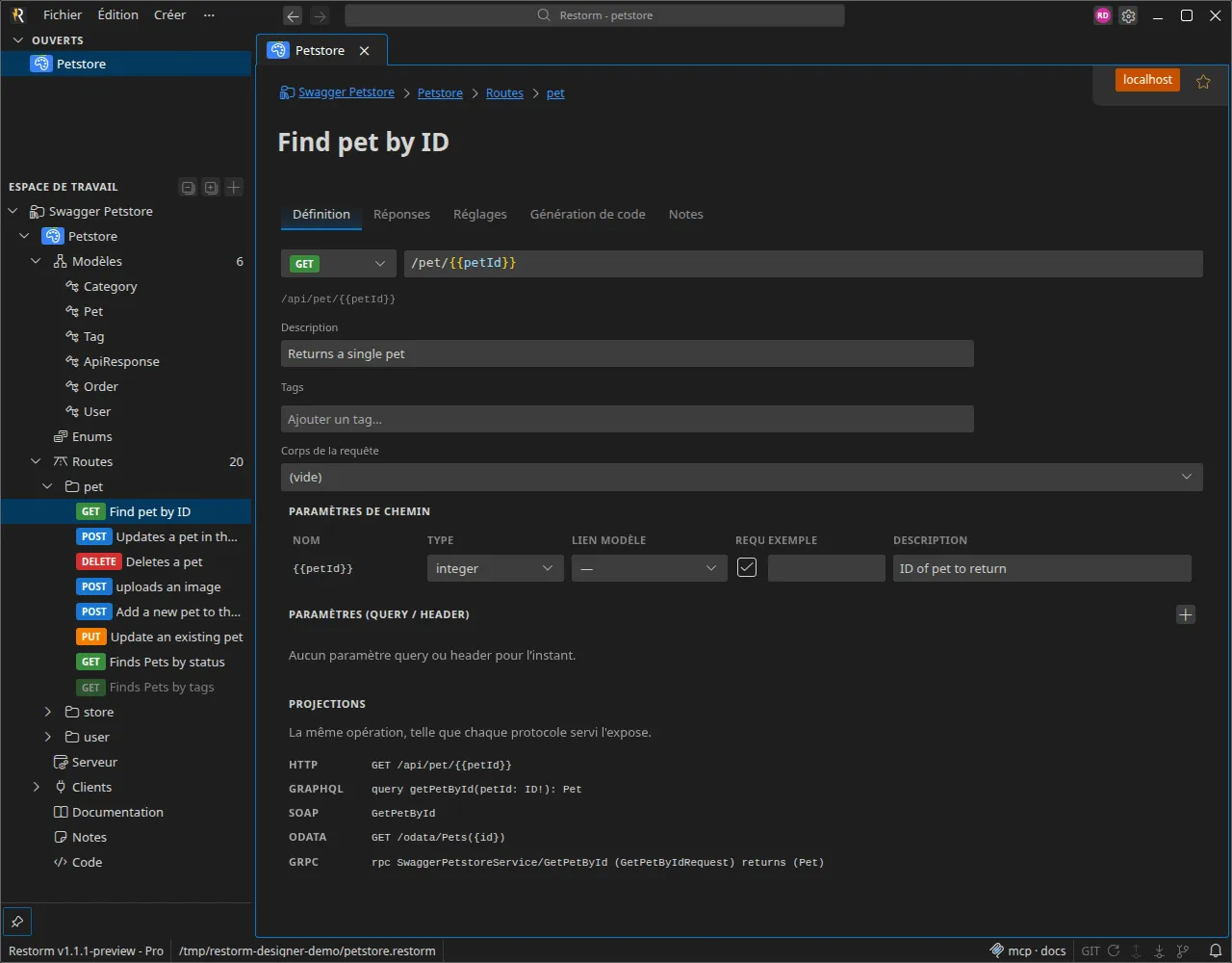 Le designer d'API : modèles, enums et routes, avec le mock multi-protocoles et la génération de code