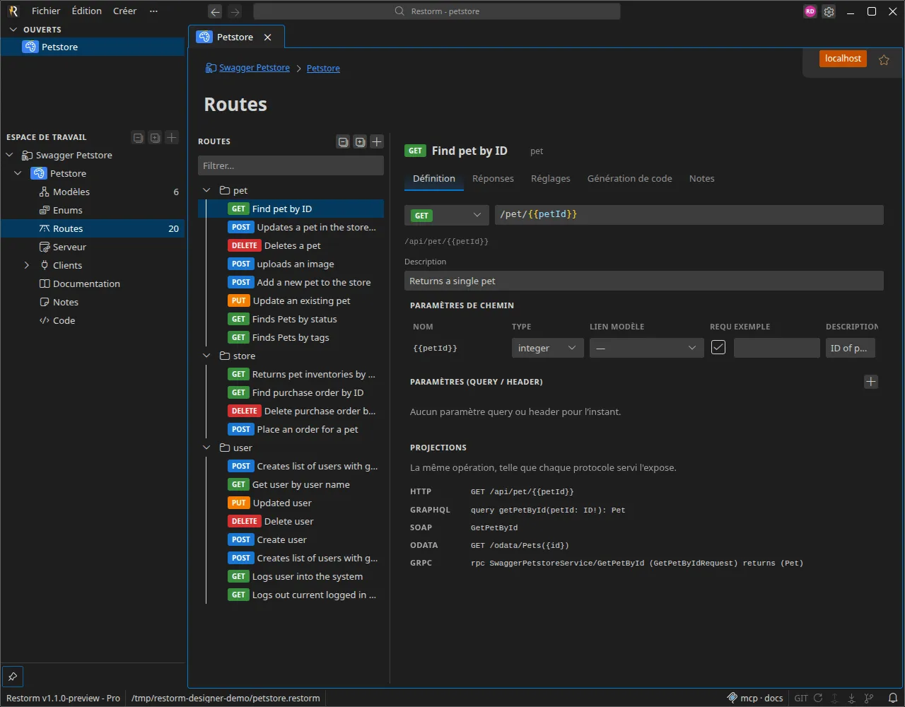Le designer d'API : modèles, enums et routes, avec le mock multi-protocoles et la génération de code