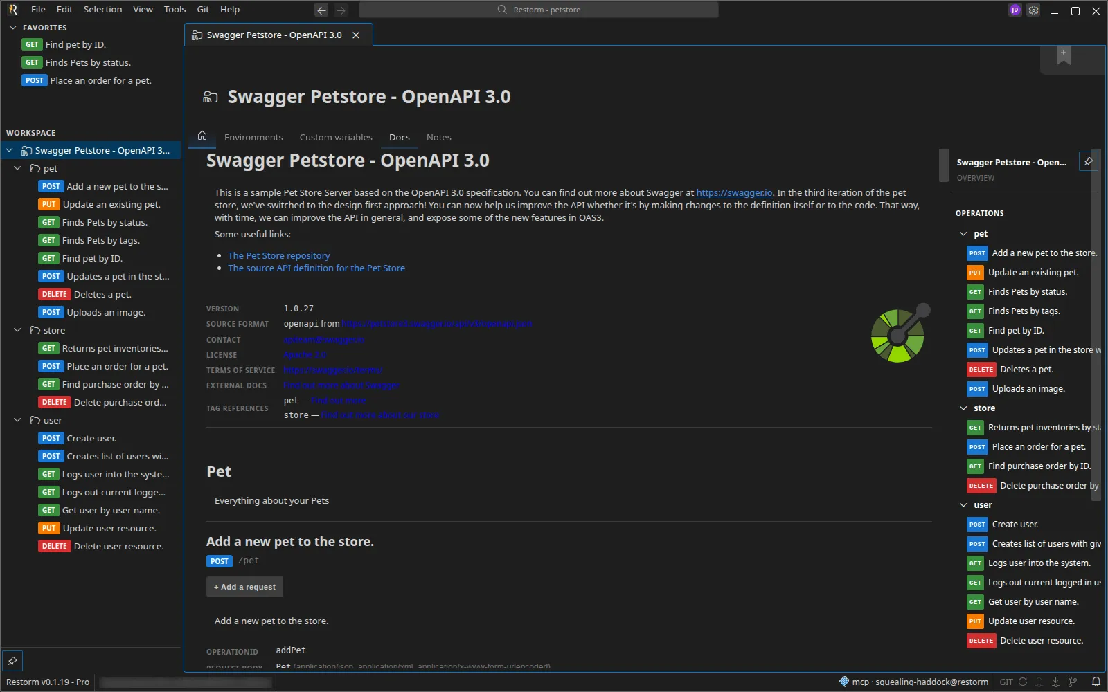 An environment folder's Docs tab, with the navigation table of contents on the right