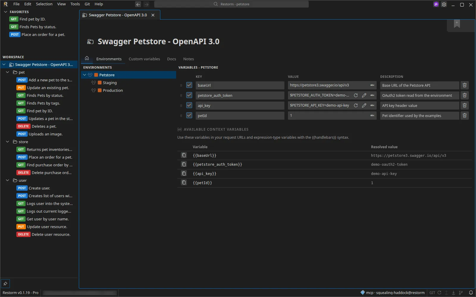 An environment folder's tab, on its Environments sub-tab: the environment tree on the left, the selected environment's variables on the right, and the table of resolved context variables below