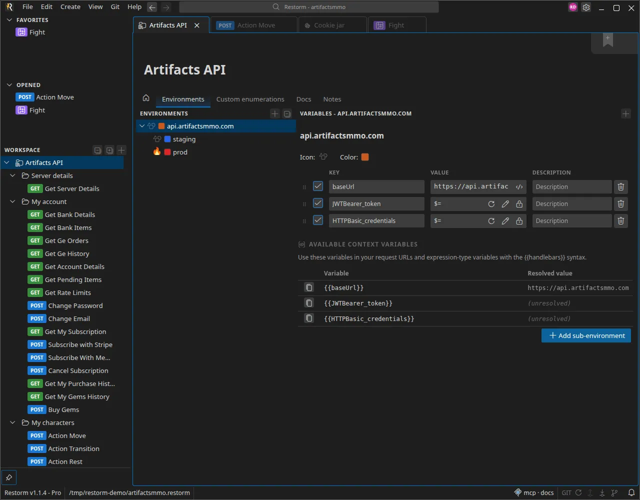 An environment folder's tab, on its Environments sub-tab: the environment tree on the left, the selected environment's variables on the right, and the table of resolved context variables below