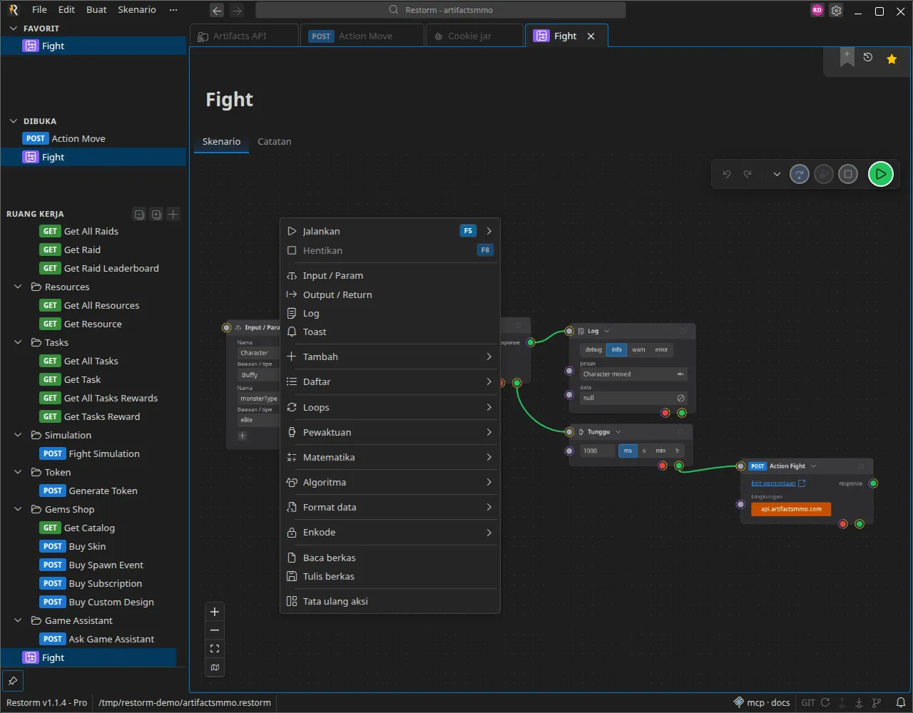 Editor skenario dengan palet penambahan yang terbuka: kotak yang sering dipakai di bagian atas, lalu kategori Tambah, Lists, Loops, Pewaktuan, Math, Algorithmie, Data formats, Encoding, UX