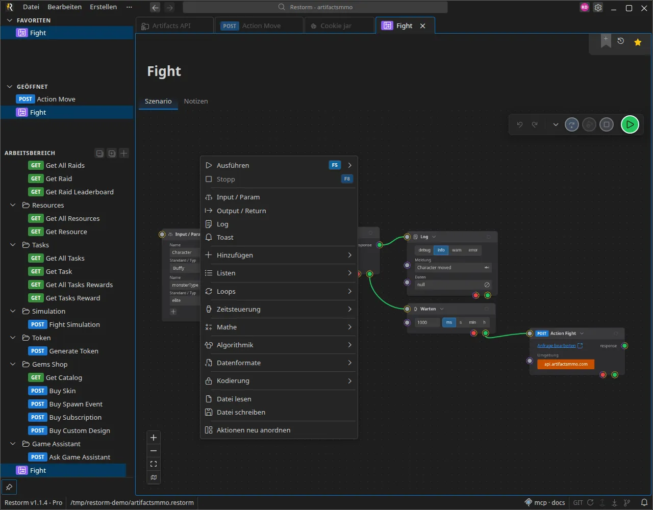Der Szenario-Editor mit geöffneter Hinzufügen-Palette: die gängigen Bausteine oben, dann die Kategorien Hinzufügen, Listen, Loops, Timer, Mathe, Algorithmik, Datenformate, Kodierung, UX
