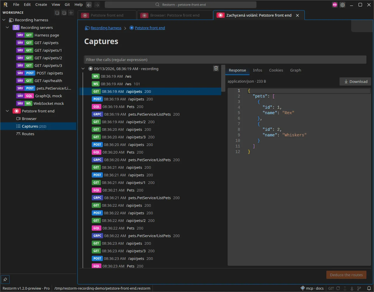 The captures view: the list of calls grouped by run on the left, the selected call's detail on the right with its response tabs