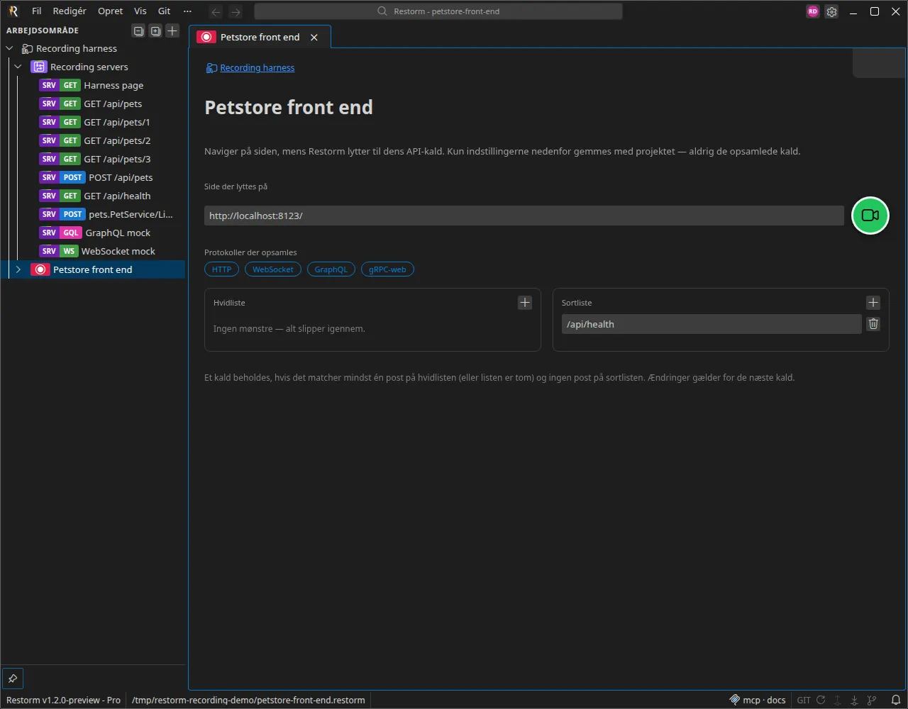 Konfigurationssiden for en optagelsessession: sidens url, de opsamlede protokoller, hvidlisten og sortlisten samt knappen Start optagelse