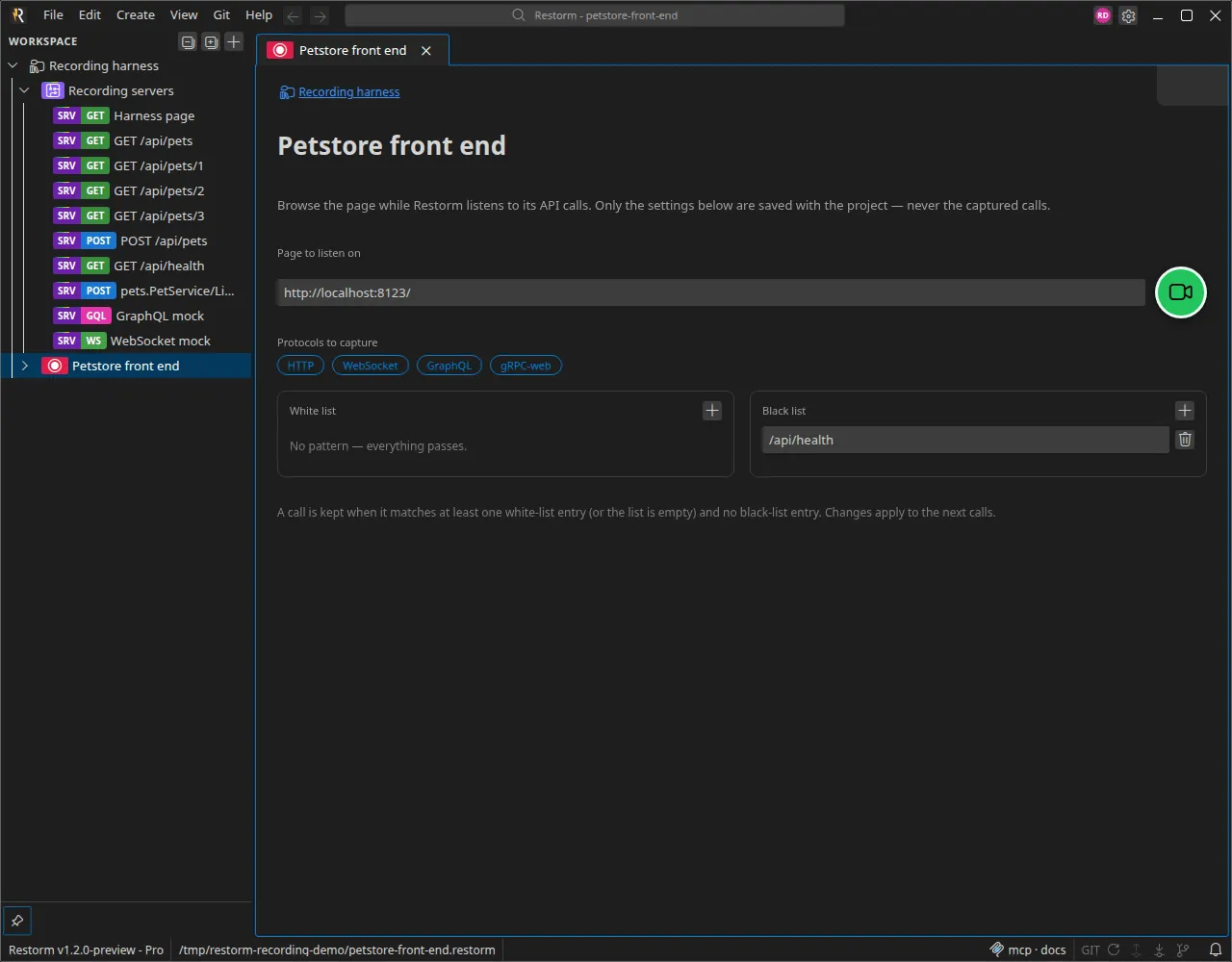 Configuration page of a recording session: the page url, the captured protocols, the white list and the black list, and the Record button