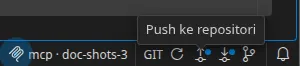 Sel GIT pada bilah status: Segarkan, Push, dan Pull, dengan kedua tombol terakhir masing-masing membawa titik penanda, lalu Riwayat. Tooltip “Push ke repositori” sedang terbuka.