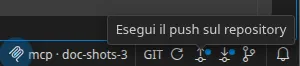 La cella GIT della barra di stato: Aggiorna, Push e Fetch, con questi ultimi due che portano una pastiglia, poi Cronologia. Il tooltip «Push sul repository» è aperto.