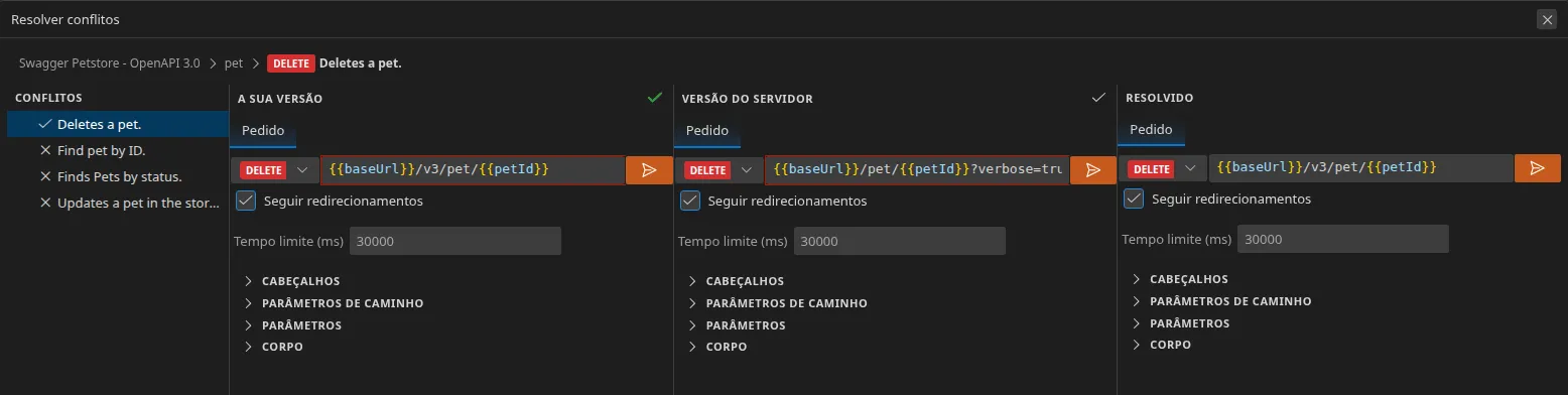 A vista de resolução de conflitos com quatro painéis: a lista de conflitos à esquerda, a sua versão, a versão do servidor — os URL que divergem estão enquadrados a vermelho — e o painel “Resolvido” preenchido depois de ter mantido a sua versão.
