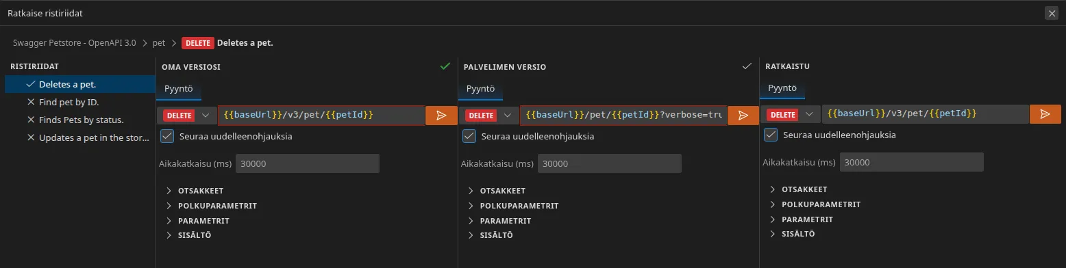 Nelipaneelinen ristiriidan ratkaisunäkymä: ristiriitojen luettelo vasemmalla, sinun versiosi, palvelimen versio — eroavat URL-osoitteet on kehystetty punaisella — ja ”Ratkaistu”-paneeli täytettynä oman version valinnan jälkeen.