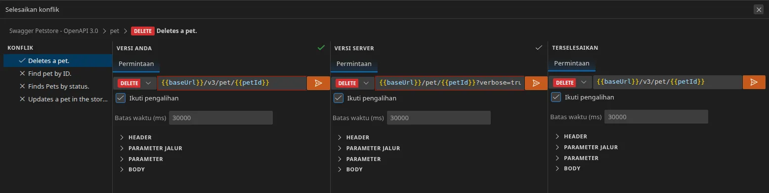 Tampilan resolusi konflik dengan empat panel: daftar konfliknya di sebelah kiri, versi Anda, versi server — dengan URL yang berbeda ditandai kotak merah — dan panel “Terselesaikan” yang terisi setelah versi Anda dipilih.