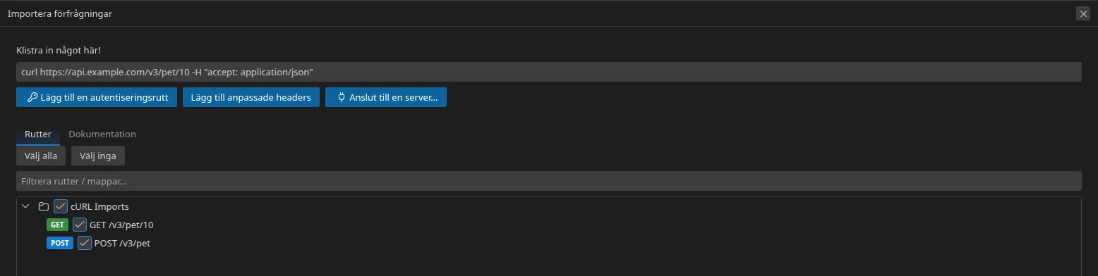 inklistringszonen i importdialogen med två curl-kommandon
