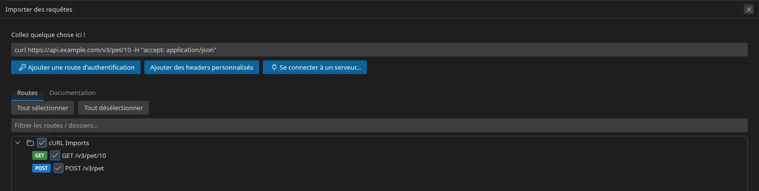 la zone de collage de la modale d'import avec deux commandes curl