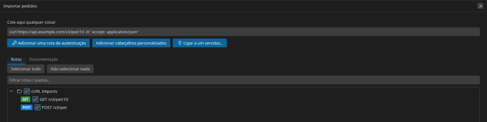 a zona de colagem da janela de importação com dois comandos curl