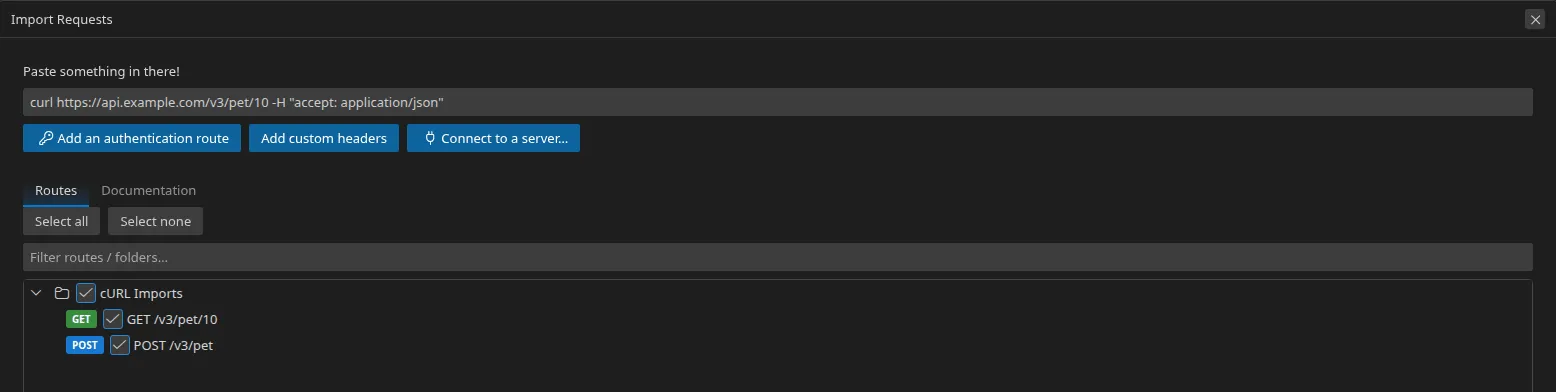 the import modal's paste area with two curl commands
