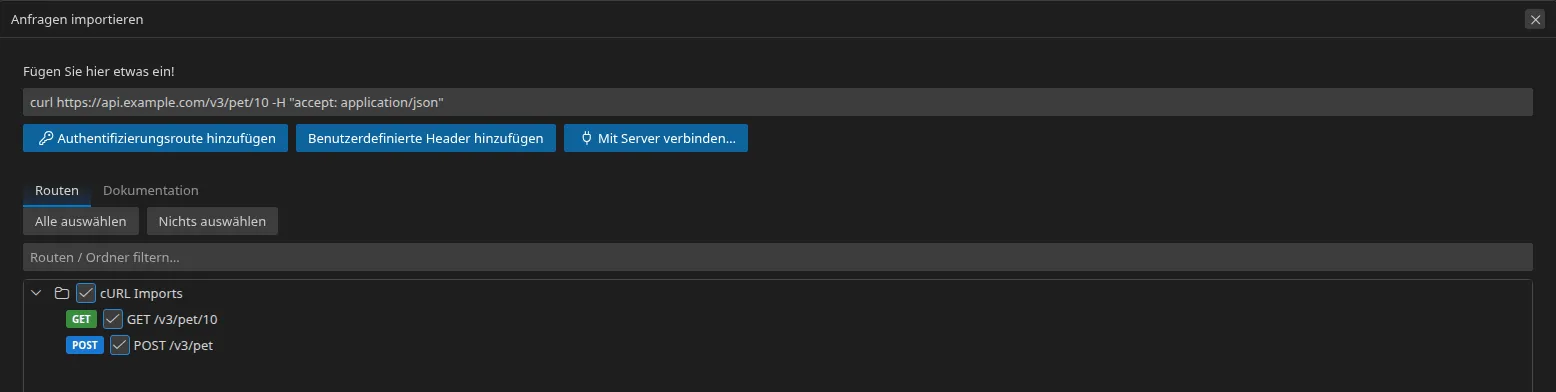 der Einfügebereich des Import-Dialogs mit zwei curl-Befehlen