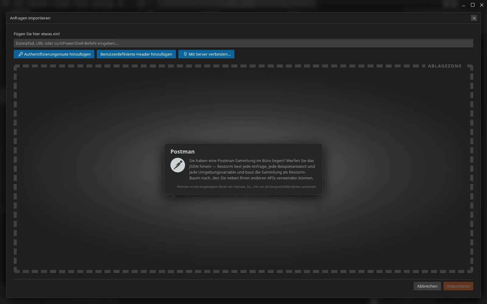 Der Modal-Dialog „Anfragen importieren“: das einzige Feld, in das man einen Pfad, eine URL oder einen curl-Befehl einfügt, die Schaltflächen für Authentifizierungsroute, feste Header und gRPC-Reflexion, der Ablagebereich und die hervorgehobene Formatkarte