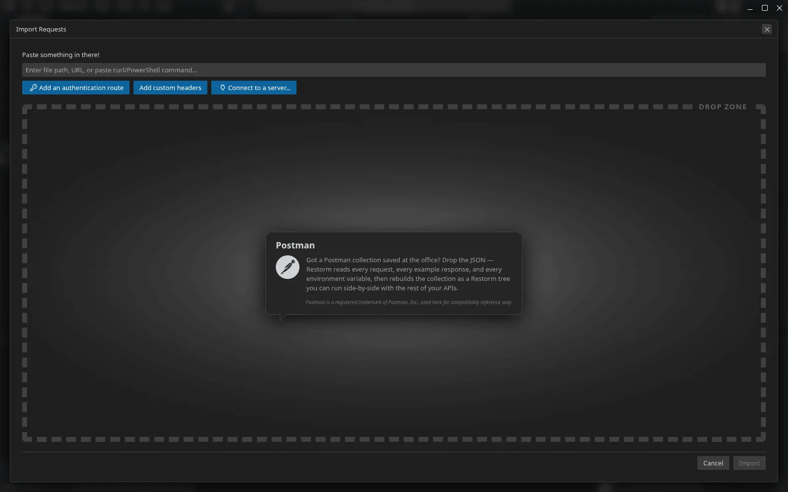 The "Import requests" modal: the single field where you paste a path, a URL or a curl command, the authentication route, fixed headers and gRPC reflection buttons, the drop zone, and the card for the highlighted format