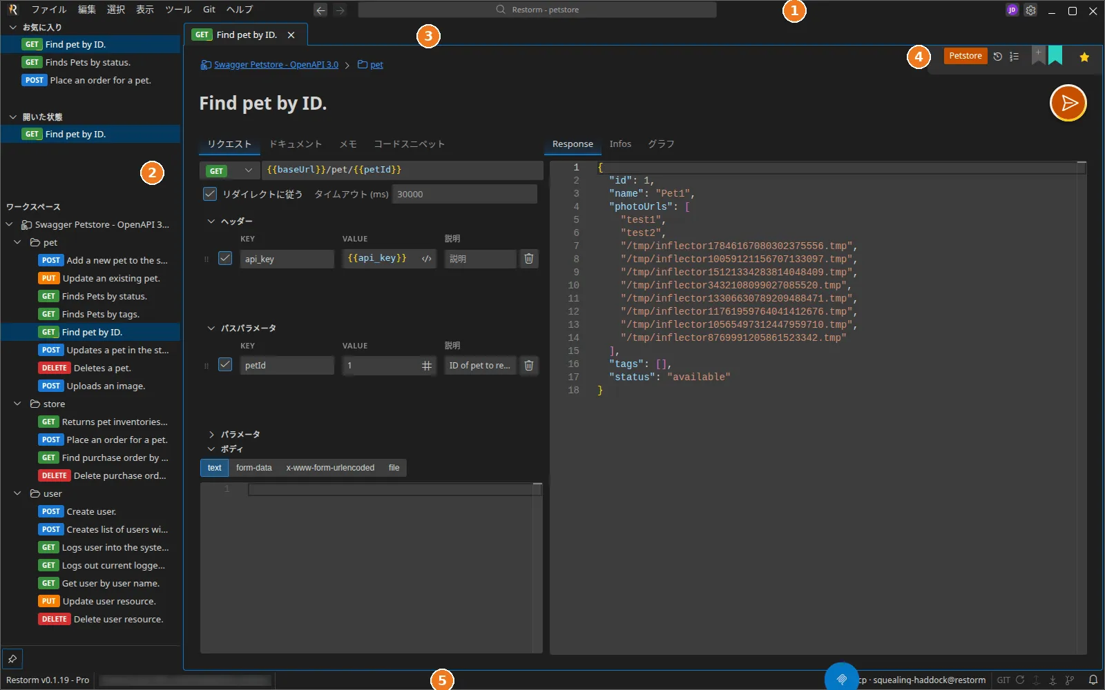 Restorm のウィンドウ全体。5 つの領域に注釈が付いている。1 タイトルバー、2 サイドバーツリー、3 workbench とそのタブ、4 smartbar、5 ステータスバー