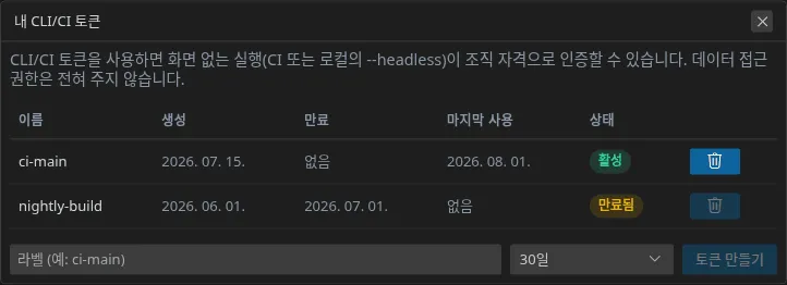 ‘내 CLI/CI 토큰’ 대화 상자: 생성일, 만료, 상태가 있는 토큰 목록과 라벨 입력란, 유효 기간 선택, 만들기 버튼