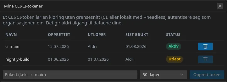 Vinduet «Mine CLI/CI-tokener»: tokenlisten med opprettelsesdato, utløp og status, deretter etikettfeltet, levetiden og opprett-knappen