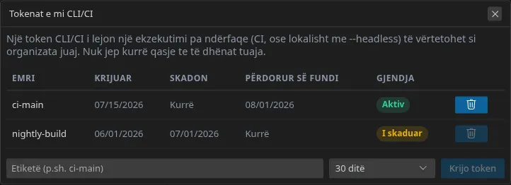 Dritarja «Tokenat e mi CLI/CI»: lista e tokenave me datën e krijimit, skadimin dhe gjendjen, pastaj fusha e etiketës, kohëzgjatja dhe butoni i krijimit