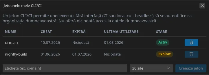 Fereastra „Jetoanele mele CLI/CI”: lista jetoanelor cu data creării, expirarea și starea, apoi câmpul de etichetă, durata de viață și butonul de creare