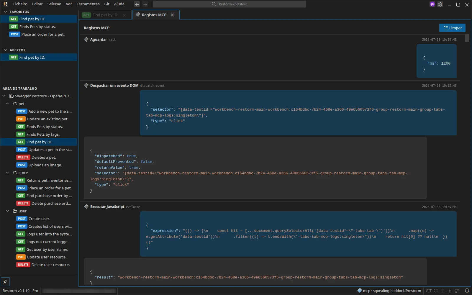 O painel “Registos MCP”: duas chamadas de ferramentas com data e hora e os respetivos argumentos JSON, e a captura de ecrã devolvida por uma delas apresentada em miniatura