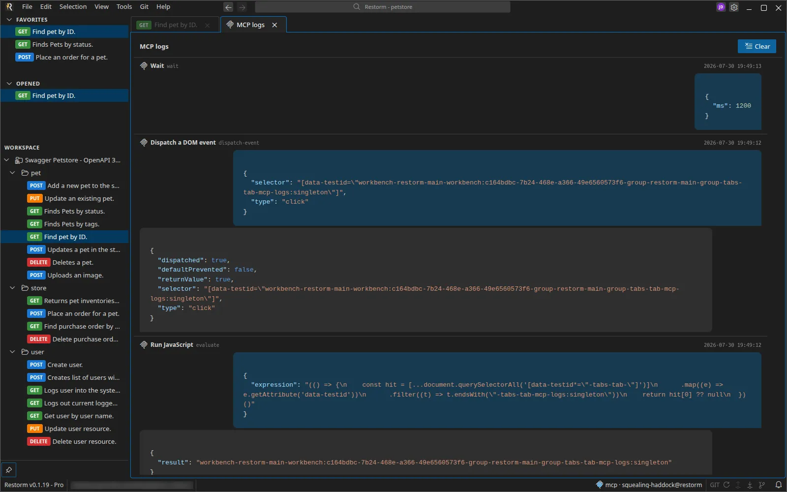 The "MCP logs" panel: two timestamped tool calls with their JSON arguments, and the screenshot returned by one of them shown as a thumbnail