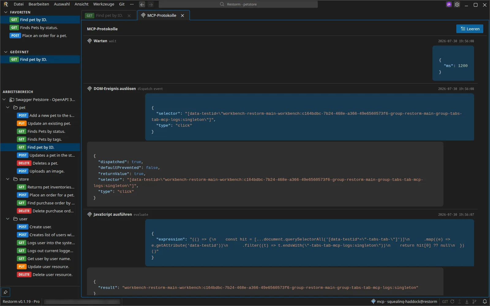 Das Panel „MCP-Protokolle“: zwei zeitgestempelte Tool-Aufrufe mit ihren JSON-Argumenten und der von einem davon zurückgegebene Screenshot als Miniaturansicht