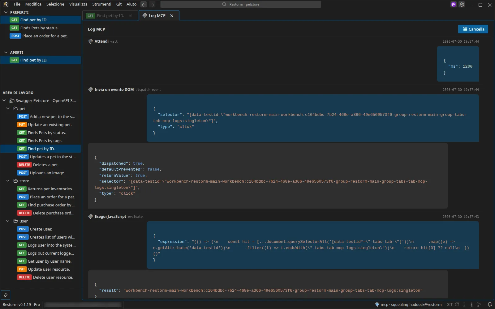 Il pannello «Log MCP»: due chiamate di strumento con marca temporale e i loro argomenti JSON, e lo screenshot restituito da una di esse mostrato in miniatura