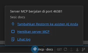 Indikator MCP pada bilah status beserta popovernya: port pendengaran servernya, nama sesi yang tersambung, dan aksi “Hentikan server MCP” serta “Lihat log”