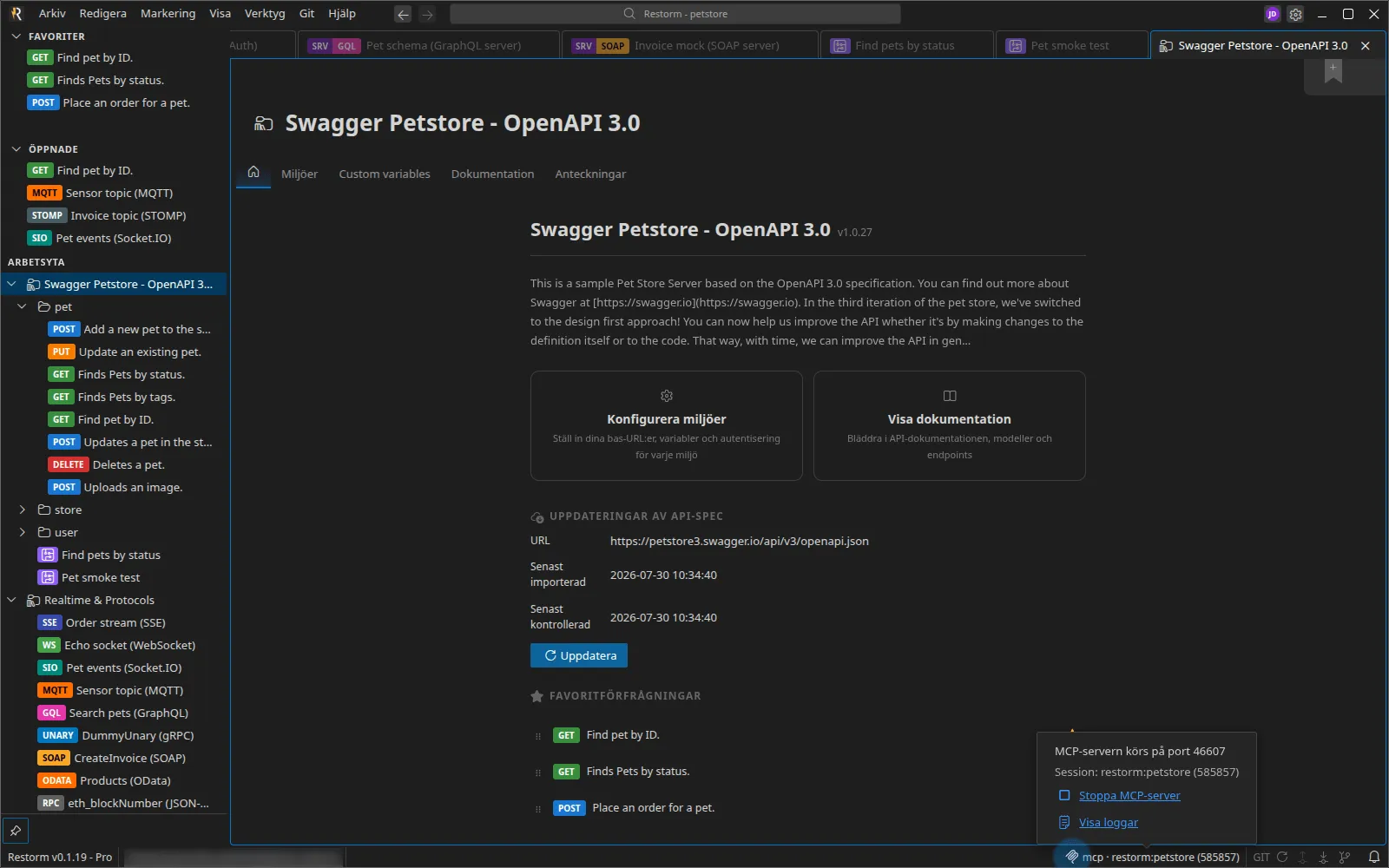 MCP-indikatorn i statusfältet och dess popover: serverns lyssnarport, namnet på den anslutna sessionen, och åtgärderna ”Stoppa MCP-server” och ”Visa loggar”