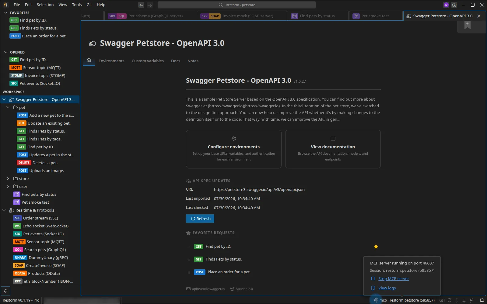 The status bar's MCP indicator and its popover: the server's listening port, the connected session's name, and the "Stop the MCP server" and "View the logs" actions