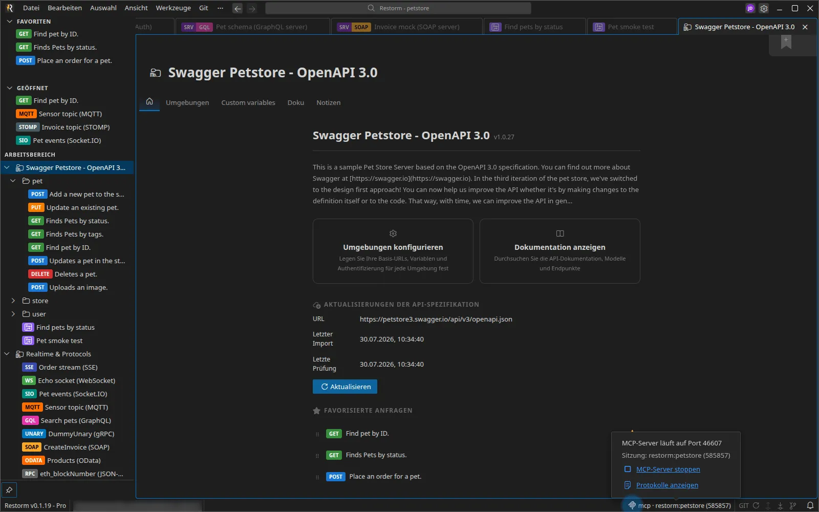 Der MCP-Indikator der Statusleiste und sein Popover: der Abhörport des Servers, der Name der verbundenen Sitzung sowie die Aktionen „MCP-Server stoppen“ und „Protokolle anzeigen“
