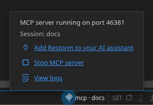 The status bar's MCP indicator and its popover: the server's listening port, the connected session's name, and the "Stop the MCP server" and "View the logs" actions