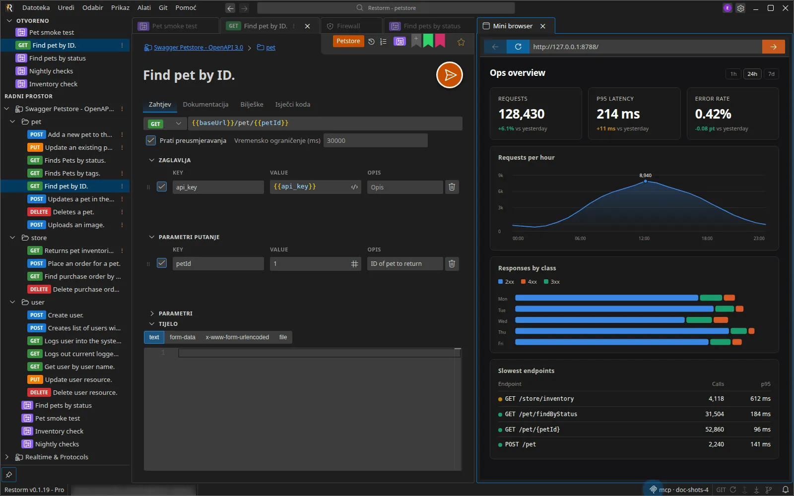 mini preglednik otvoren uz HTTP zahtjev, u podijeljenom prikazu