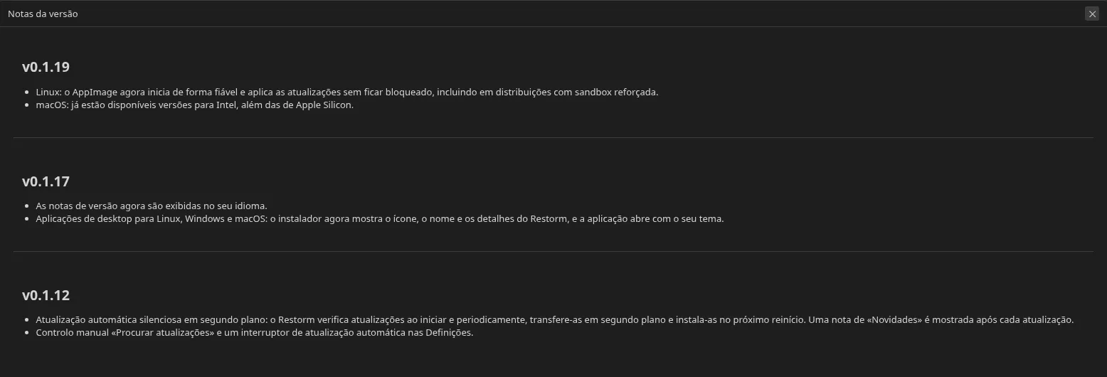 o ecrã “Novidades da versão” apresentado depois de uma atualização