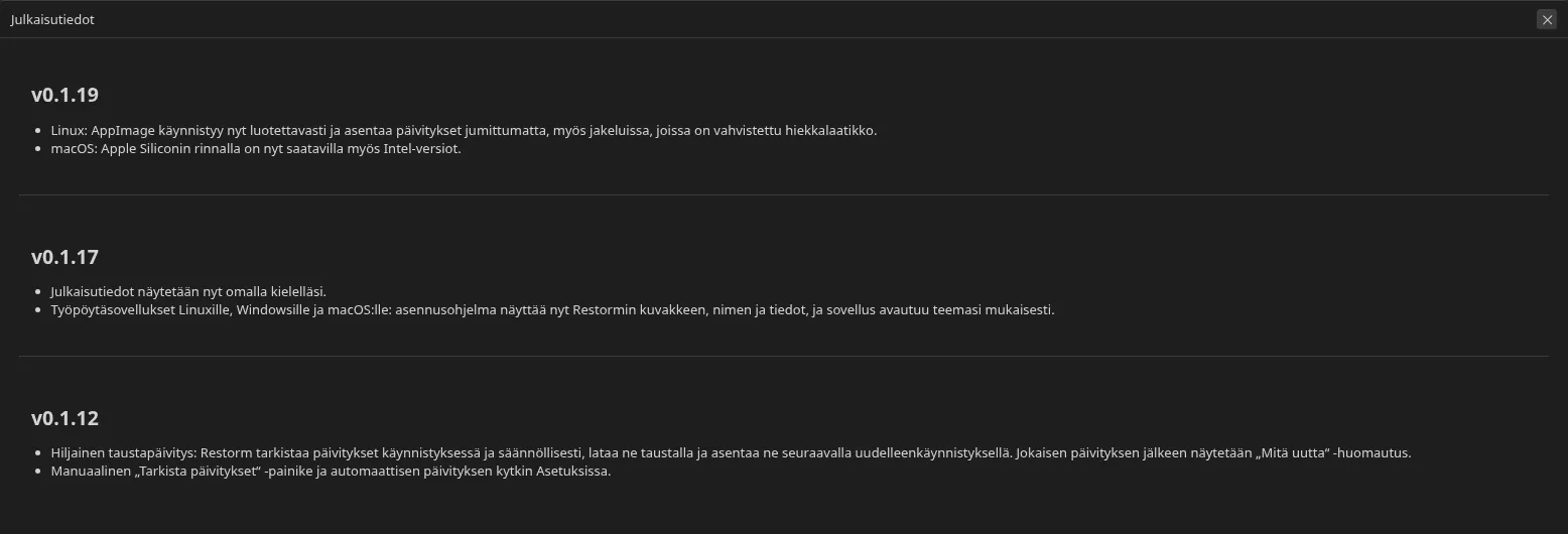 ”Uutta versiossa” -näyttö päivityksen jälkeen