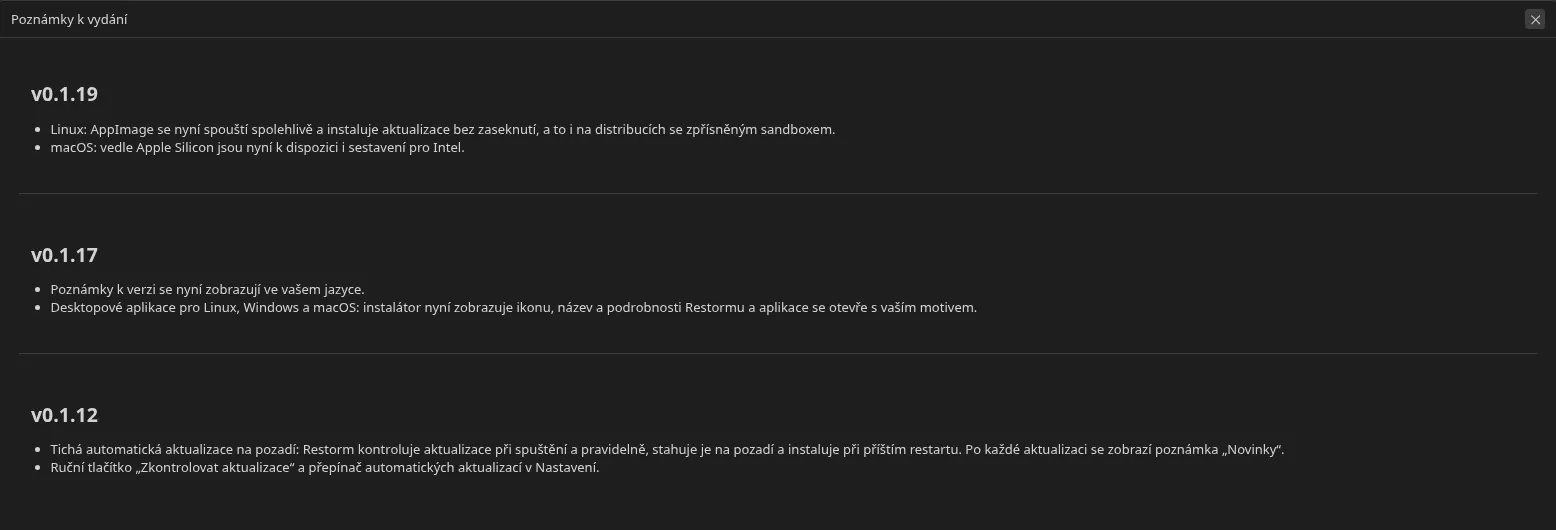obrazovka „Novinky ve verzi“ zobrazená po aktualizaci