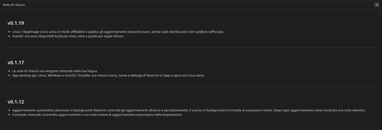la schermata «Novità della versione» mostrata dopo un aggiornamento