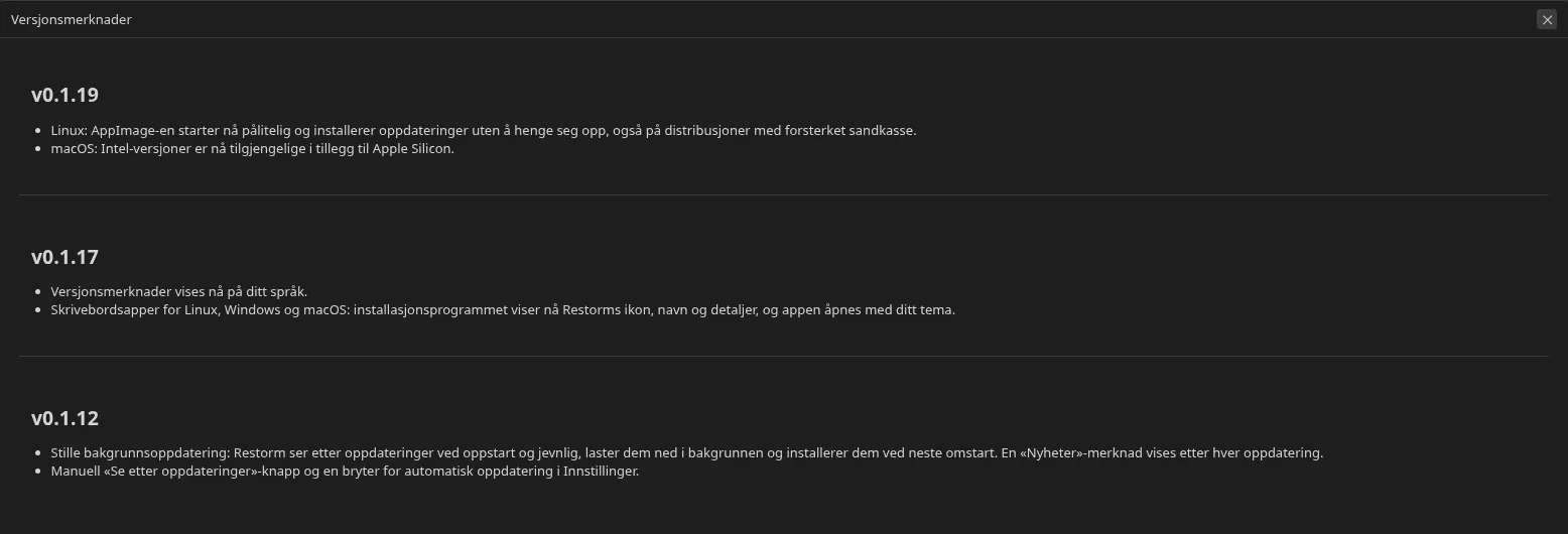 skjermen «Nyheter i versjon» slik den vises etter en oppdatering