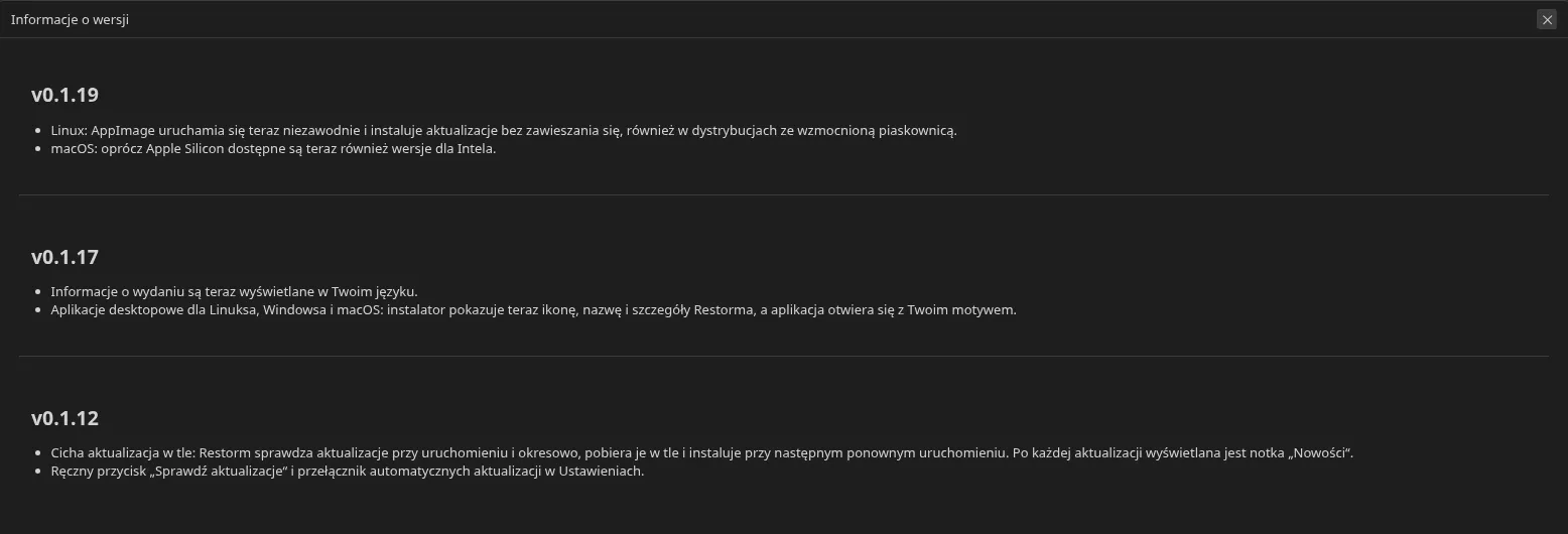 ekran „Nowości w wersji” wyświetlany po aktualizacji