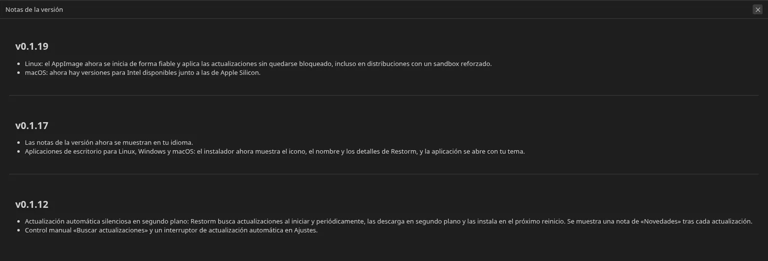la pantalla «Novedades de la versión» mostrada después de una actualización