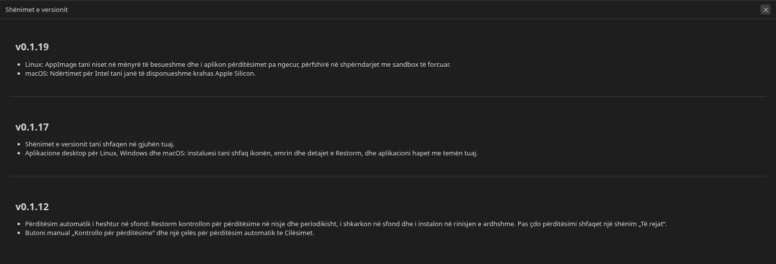 ekrani «Risitë e versionit» i shfaqur pas një përditësimi