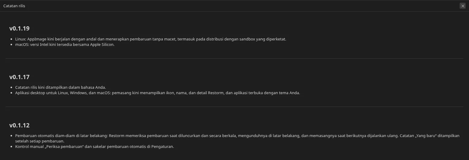layar “Apa yang baru di versi” yang ditampilkan setelah sebuah pembaruan