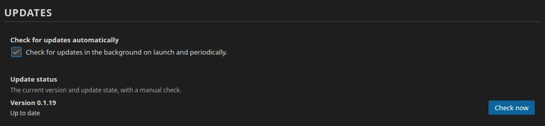 The "Updates" settings group: the automatic check tickbox, the update status with the version number, and the "Check now" button